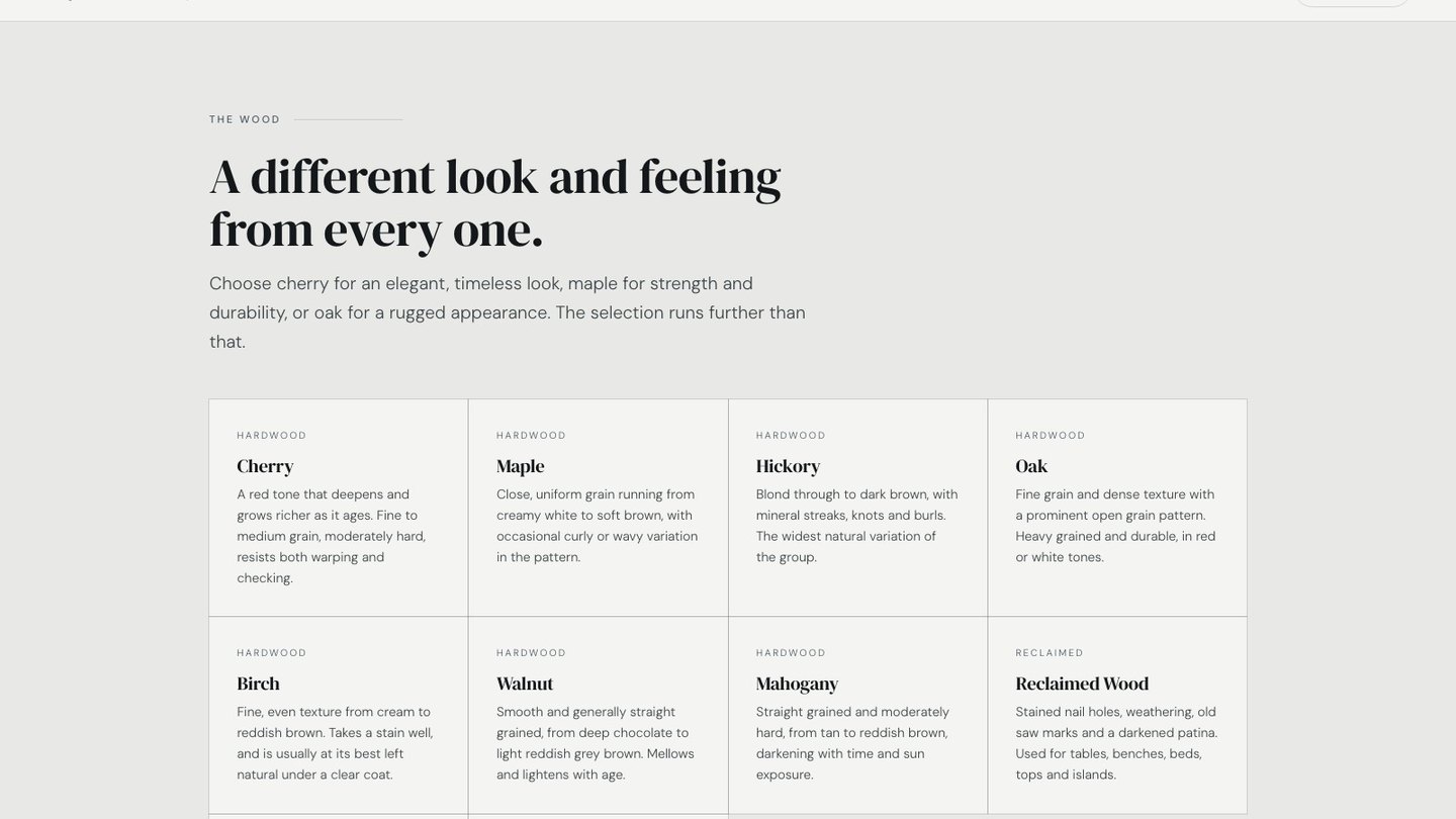 The wood section of the new homepage