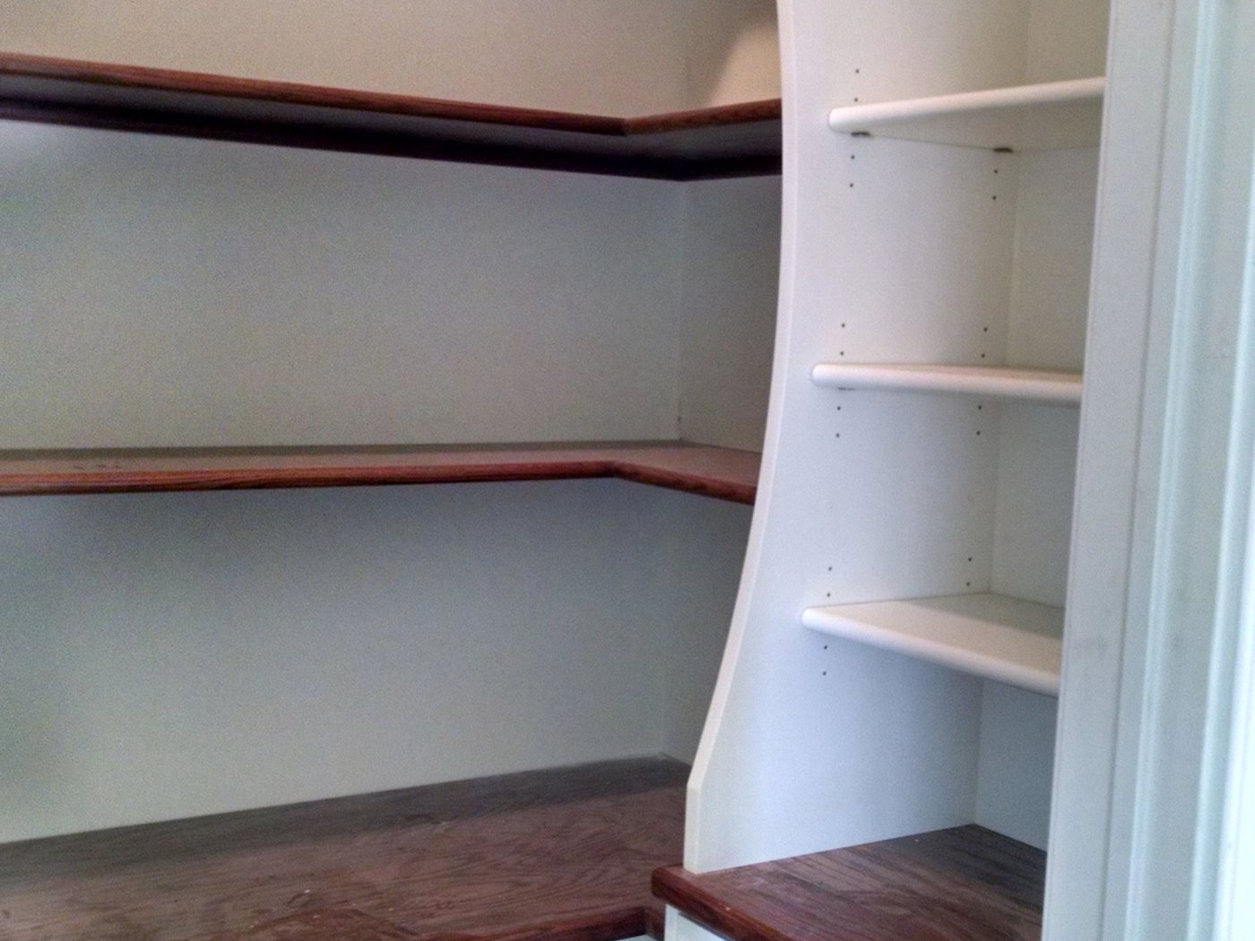 Fitted pantry shelving with wood edged shelves